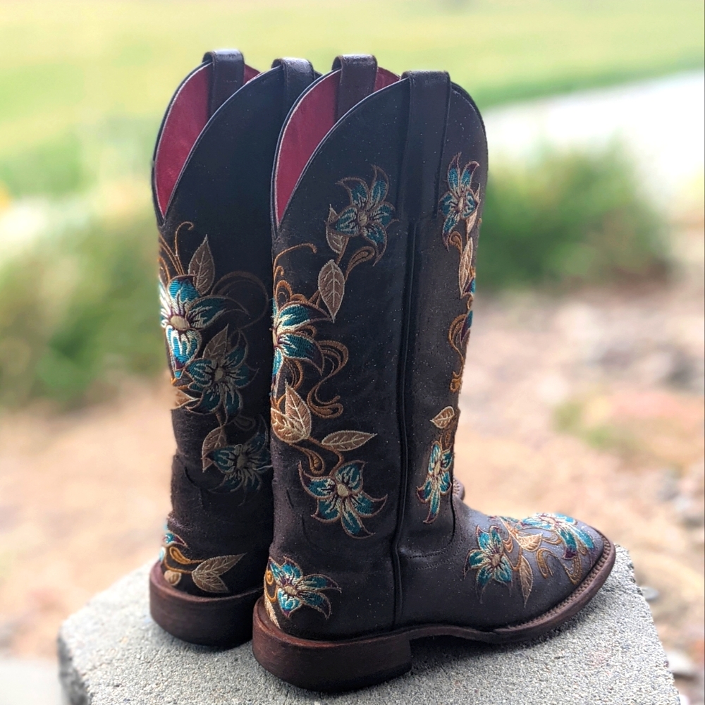 MACIE BEAN M9034 Glitterific brown leather floral embroidery cowgirl boots sz 6 - Picture 3 of 16